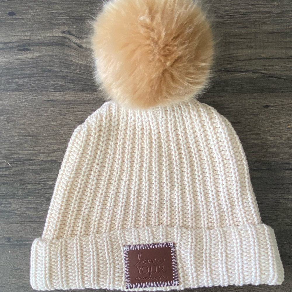 Love Your Melon 100% Cotton Adult Size Cream Knit Beanie Hat with Fluffy Pom